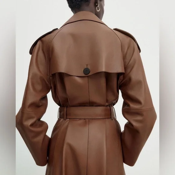 Massimo Dutti leather trench coat brown belted classic casual jacket - Picture 6 of 13